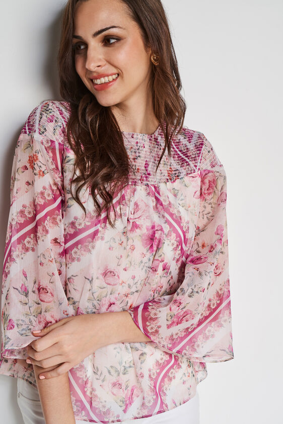 Cream Floral Flared Top, Cream, image 1